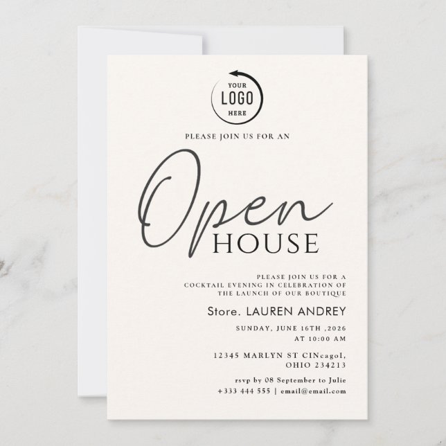 Invitación de Casa Abierta de Negocios con Logotip (Anverso)