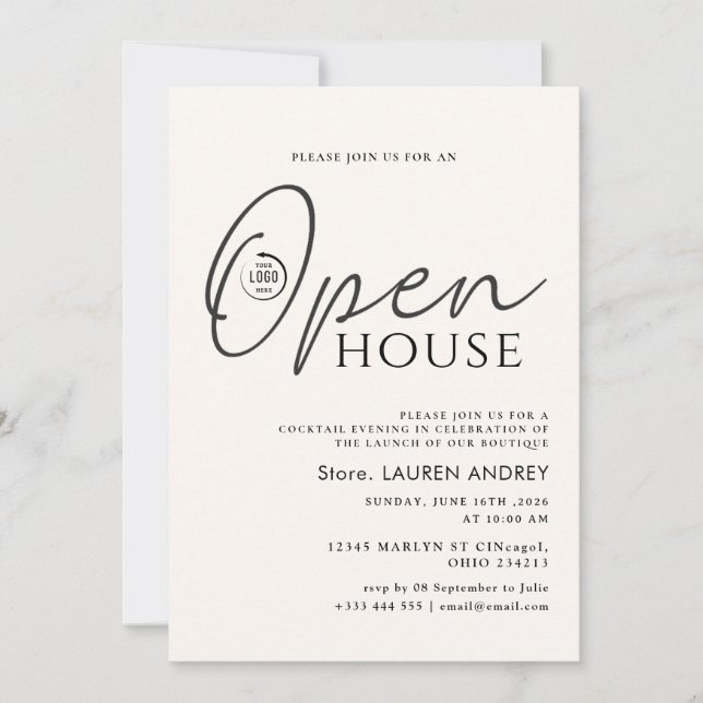 Invitación de Casa Abierta de Negocios con Logotip (Anverso)