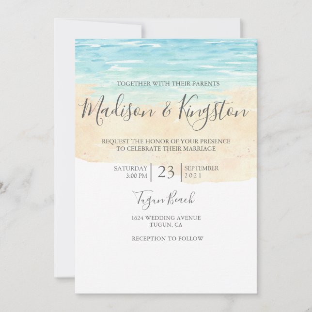 Invitación de casamiento azul de color de agua pin (Anverso)