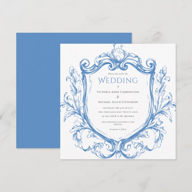 Invitación de casamiento azul de vintage (Anverso / Reverso)