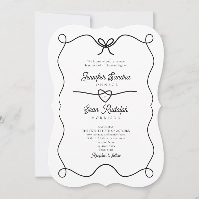 Invitación de casamiento blanco y negro con doblad (Anverso)