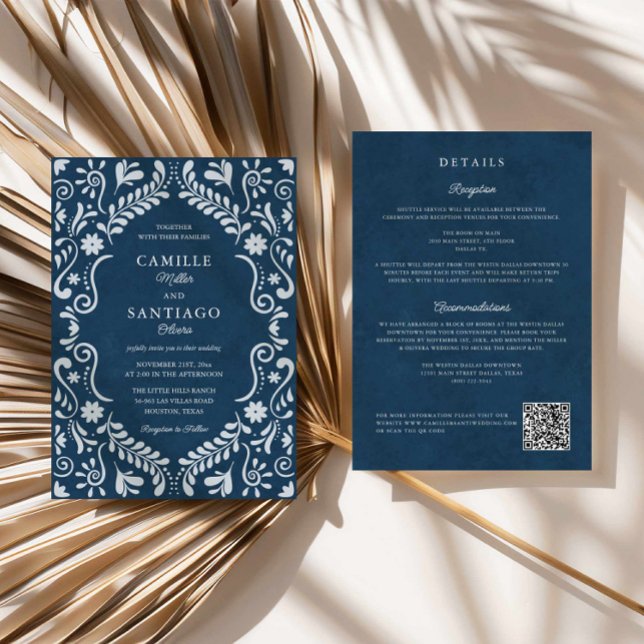 Invitación de casamiento con código QR de Blue Tal (Blue Talavera Mexican QR Code Wedding Invitation)
