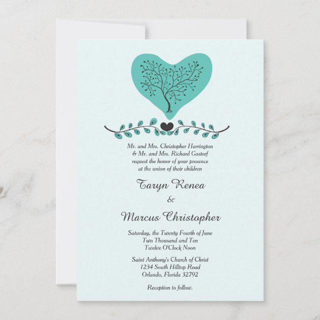 Invitación de casamiento con corazón azul y árbol  (Anverso)