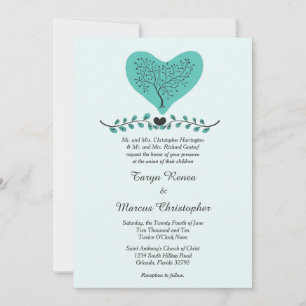 Invitación de casamiento con corazón azul y árbol