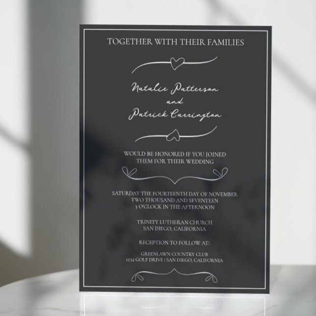 Invitación de casamiento con la mano gris dibujada (Gray Hand Drawn Hearts Wedding Invitation)