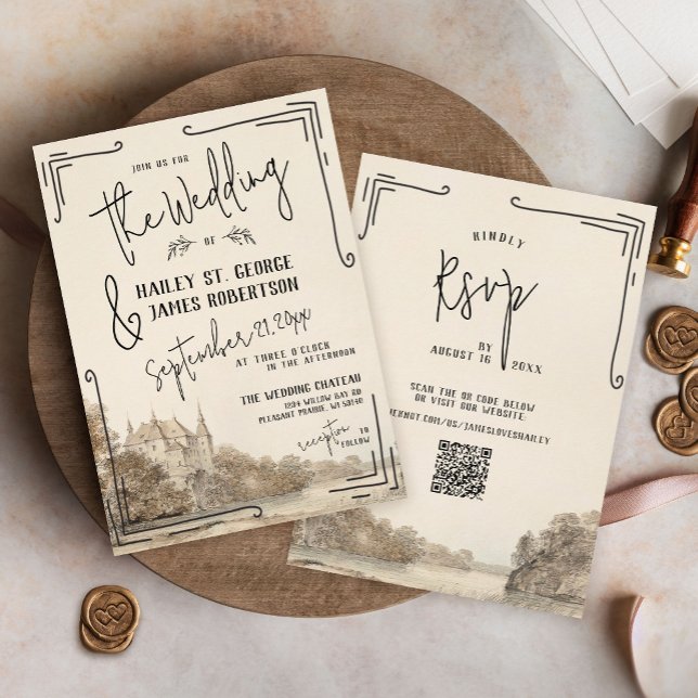 Invitación de casamiento con mano de castillo de é (Watercolor French Chateau beige and black simple elegant hand drawn whimsical wedding invitation)