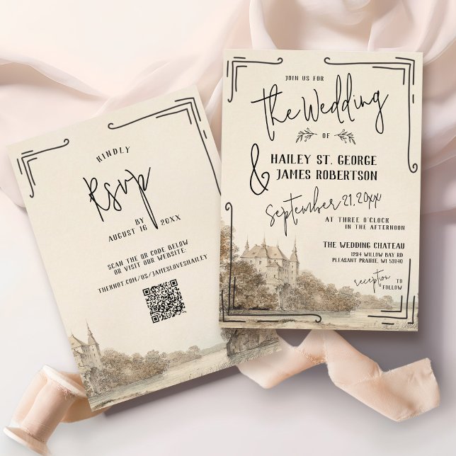 Invitación de casamiento con mano de castillo de é (Elegant classic watercolor French chateau black and ivory hand drawn QR code rsvp wedding invitation)