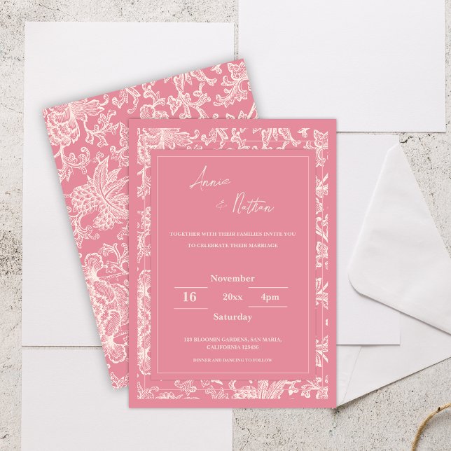 Invitación de casamiento con marco floral rosado d (Chic Trendy Pink Floral Frame Wedding Invitation)