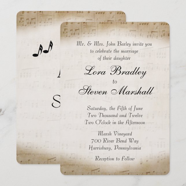 Invitación de casamiento con tema musical de hojas (Anverso / Reverso)