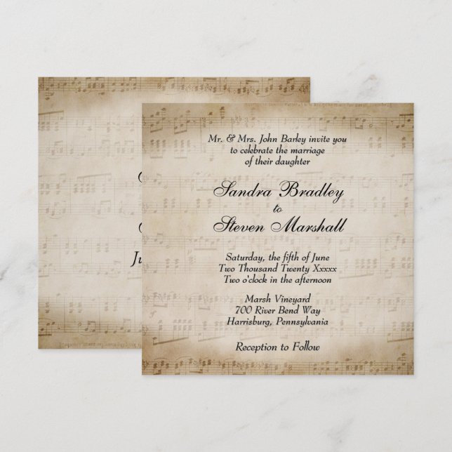 Invitación de casamiento con tema musical de hojas (Anverso / Reverso)