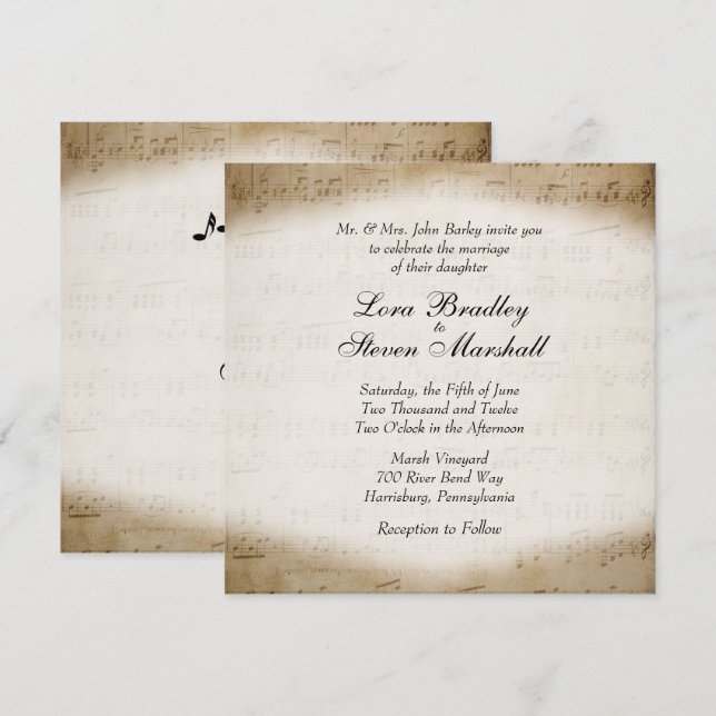 Invitación de casamiento con tema musical de hojas (Anverso / Reverso)