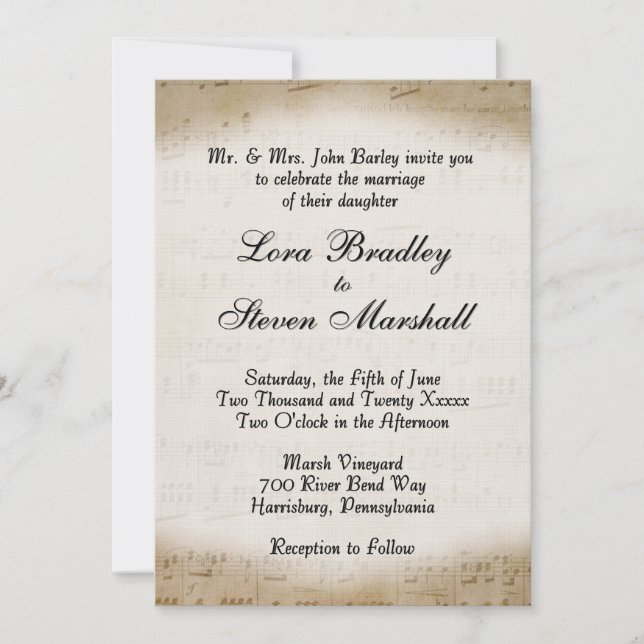 Invitación de casamiento con tema musical de hojas (Anverso)