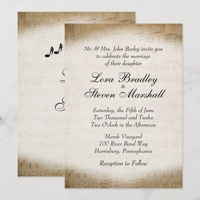 Invitación de casamiento con tema musical de hojas (Anverso / Reverso)