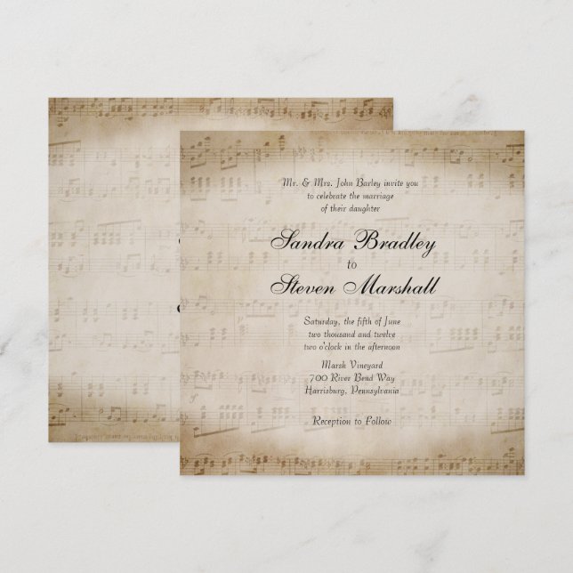 Invitación de casamiento con tema musical de hojas (Anverso / Reverso)