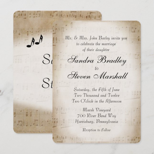 Invitación de casamiento con tema musical de hojas (Anverso / Reverso)