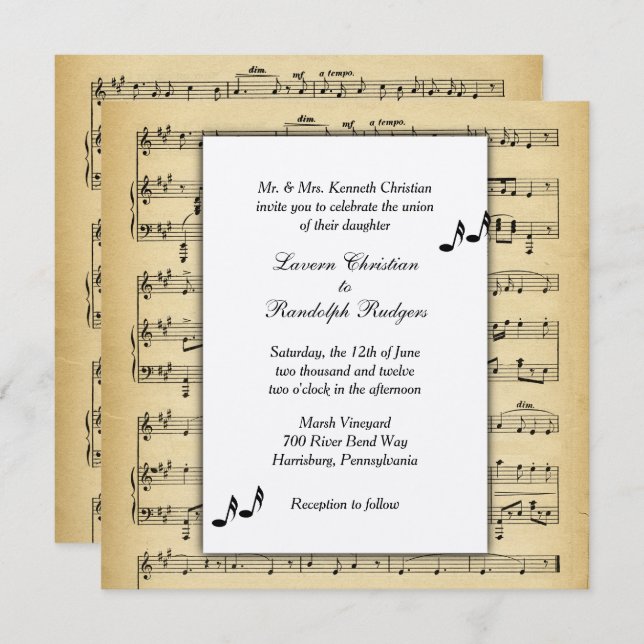 Invitación de casamiento con tema musical de hojas (Anverso / Reverso)