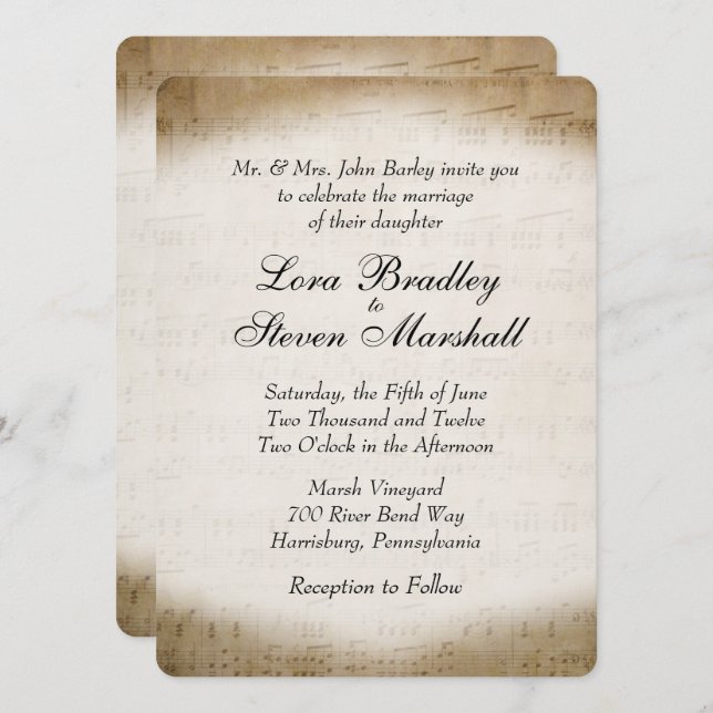 Invitación de casamiento con tema musical de hojas (Anverso / Reverso)