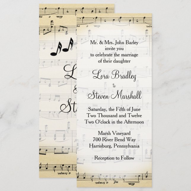 Invitación de casamiento con tema musical de hojas (Anverso / Reverso)