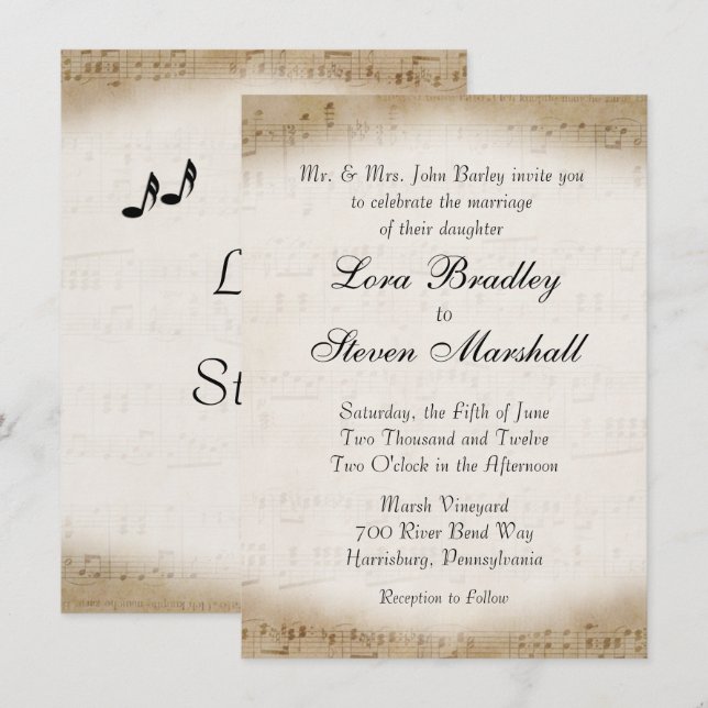 Invitación de casamiento con tema musical de hojas (Anverso / Reverso)