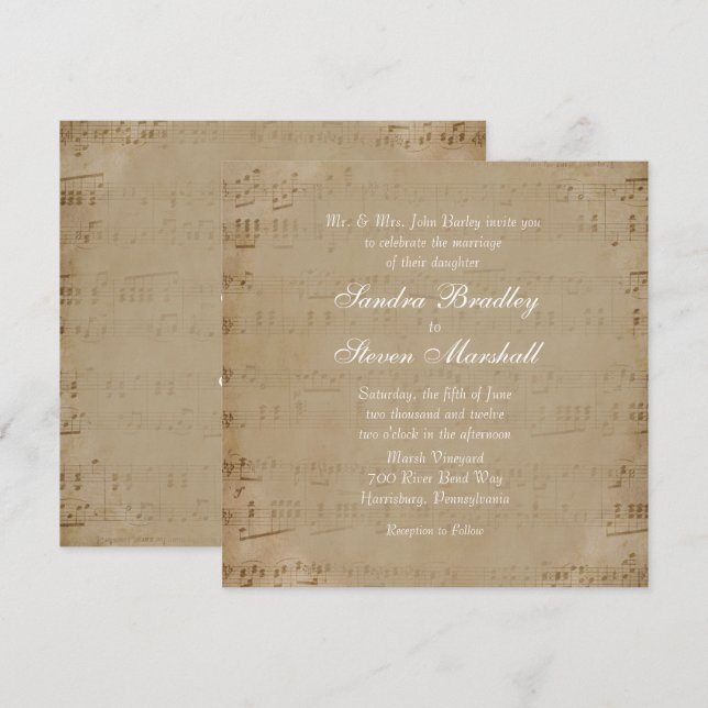 Invitación de casamiento con tema musical de hojas (Anverso / Reverso)