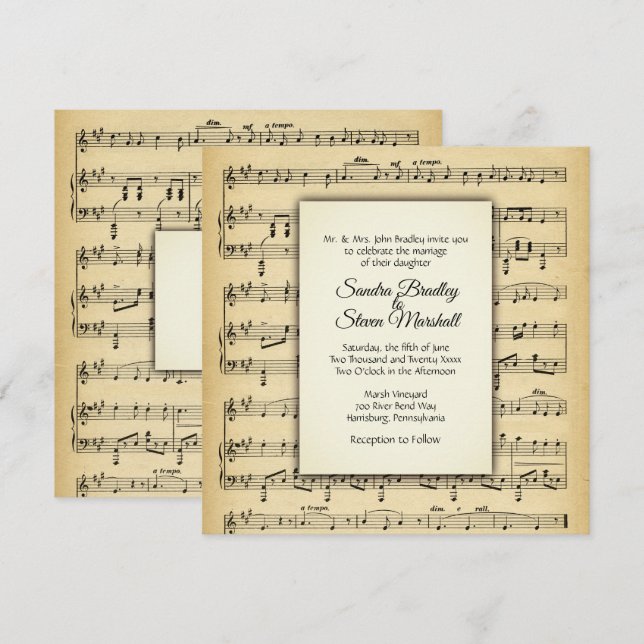 Invitación de casamiento con tema musical de hojas (Anverso / Reverso)