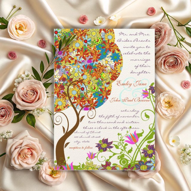 Invitación de casamiento de árbol de amor de flor  (Subido por el creador)
