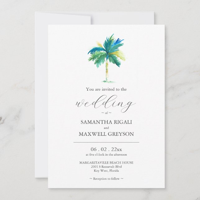 Invitación de casamiento de árbol de palmas acuare (Anverso)
