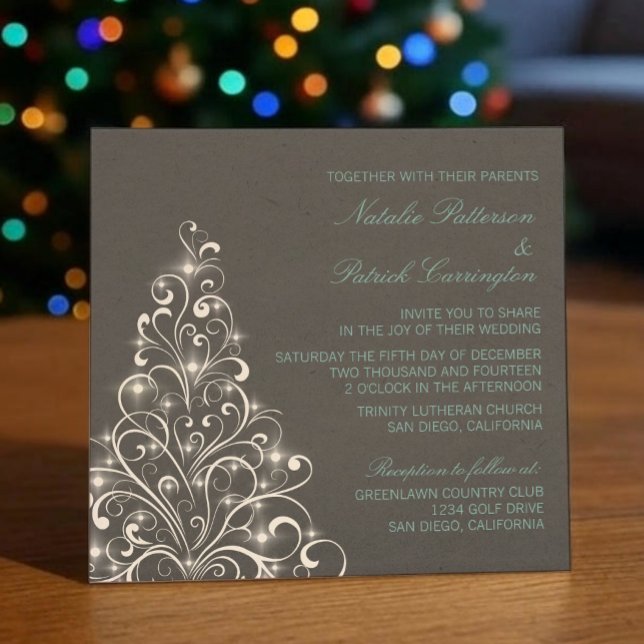 Invitación de casamiento de árbol de vacaciones es (Gray Sparkly Holiday Tree Wedding Invitation)