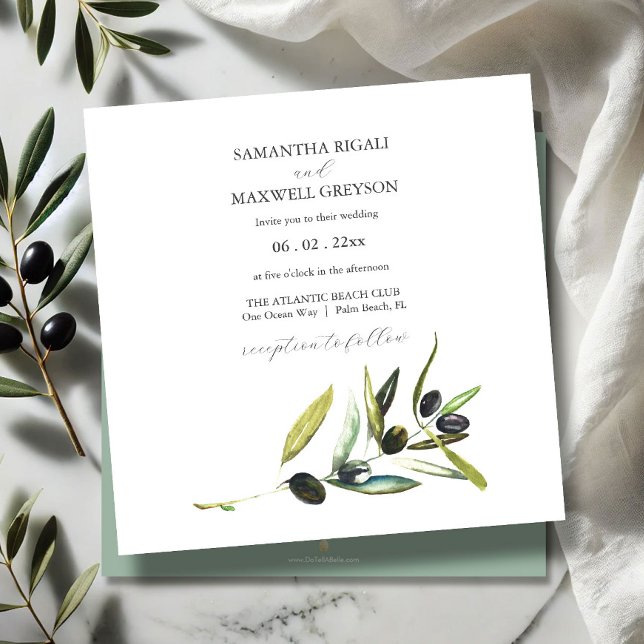 Invitación de casamiento de bifurcación de aceitun (watercolor wedding invitations olive branch art by Victoria Grigaliunas Do Tell A Belle)