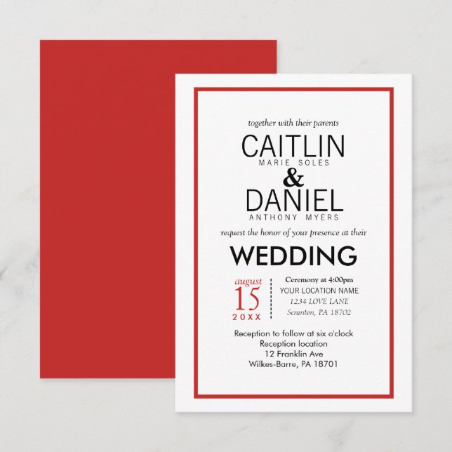 Invitación de casamiento de borde simple rojo y bl (Anverso / Reverso)