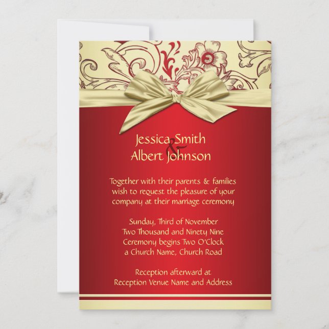 Invitación de casamiento de cinta de damasco rojo  (Anverso)