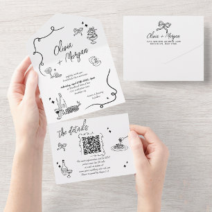 Invitación de casamiento de código QR con doodle d