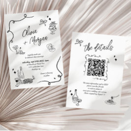 Invitación de casamiento de código QR con doodle d