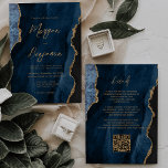 Invitación de casamiento de código QR de agate azu<br><div class="desc">Esta elegante invitación a la boda presenta una imagen de fondo de una ágata color azul marino adornada con un falso purpurina de oro. El texto del personalizable combina letra moderna de color oro de moda, copperplate y letra cursiva. El reverso proporciona espacio para los detalles de los bodas en...</div>
