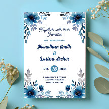 Invitación de casamiento de color azul floral de l