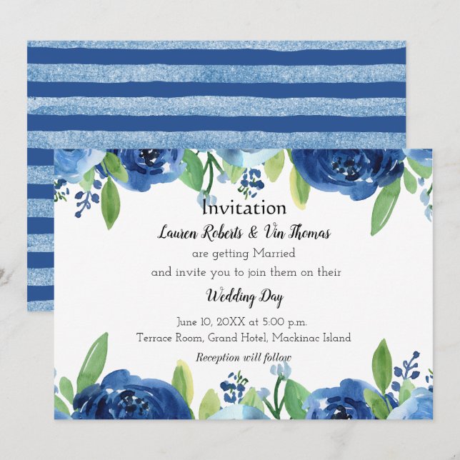 Invitación de casamiento de color azul Rosa (Anverso / Reverso)