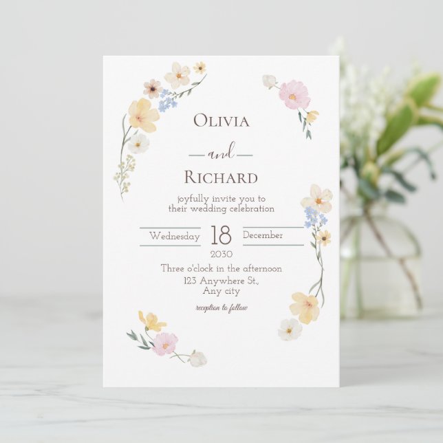 Invitación de casamiento de color blanco floral (Anverso de pie)