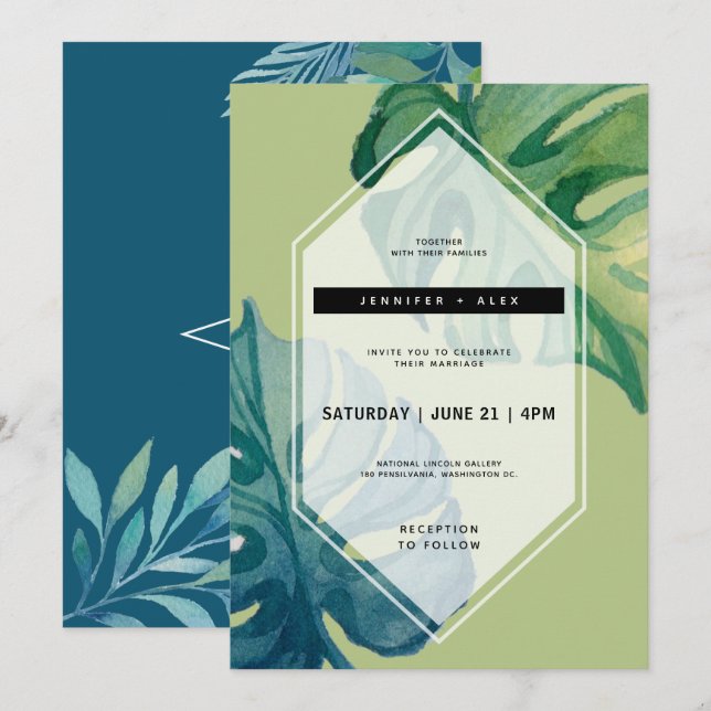 Invitación de casamiento de color de agua tropical (Anverso / Reverso)
