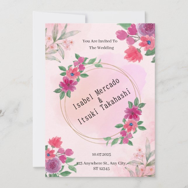Invitación de casamiento de color rosa (Anverso)