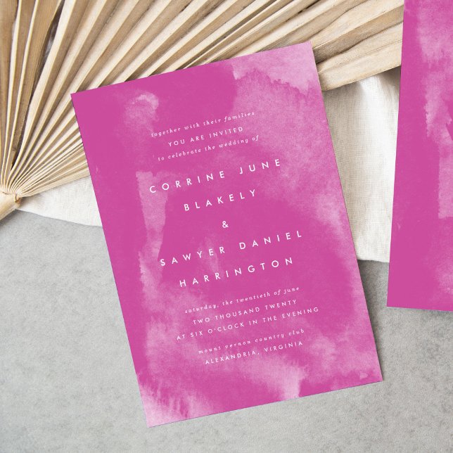 Invitación de casamiento de color rosa boho (Rich pink watercolor wash bohemian modern wedding invitations.)
