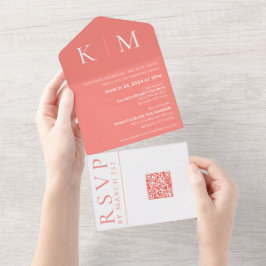 Invitación de casamiento de coral rosa y monograma