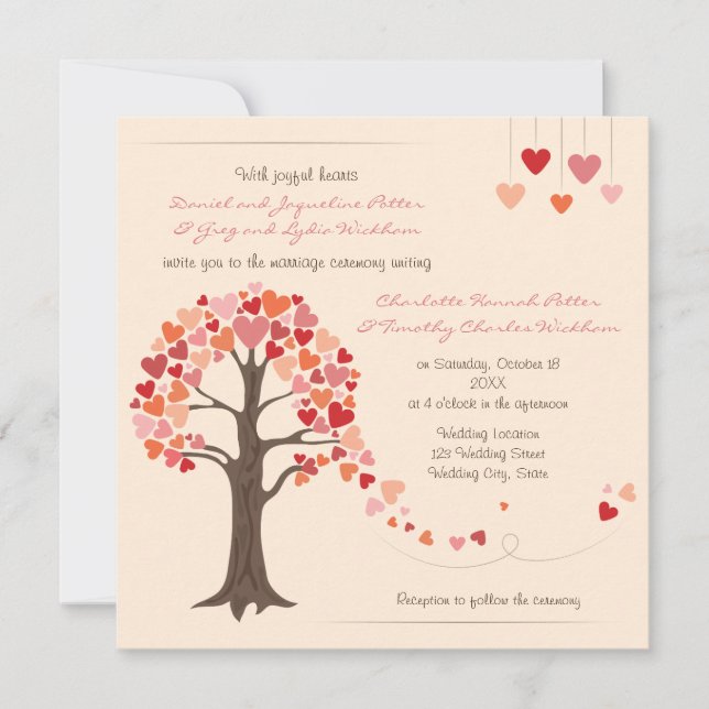 Invitación de casamiento de corazones de árbol de  (Anverso)