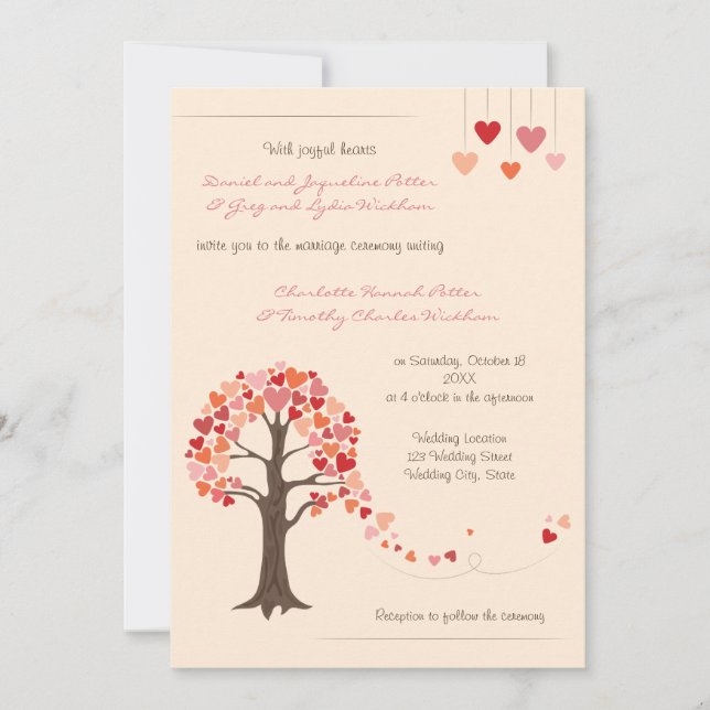 Invitación de casamiento de corazones de árbol de  (Anverso)