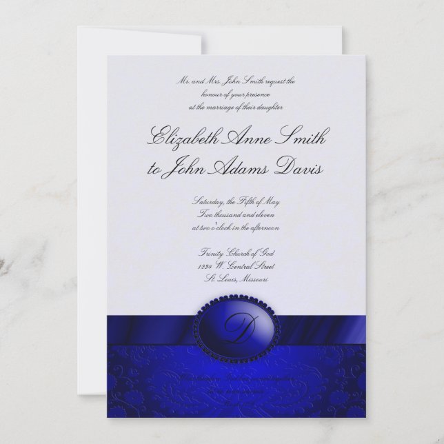 Invitación de casamiento de Damasco de cinta azul (Anverso)