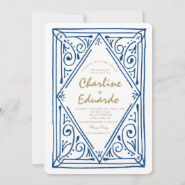 Invitación de casamiento de encaje azul retro