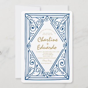 Invitación de casamiento de encaje azul retro