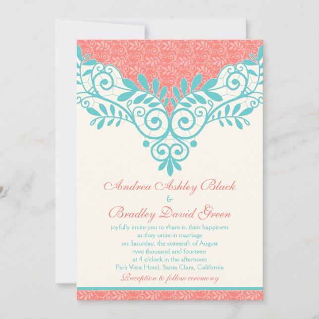 Invitación de casamiento de encaje de color turque (Anverso)