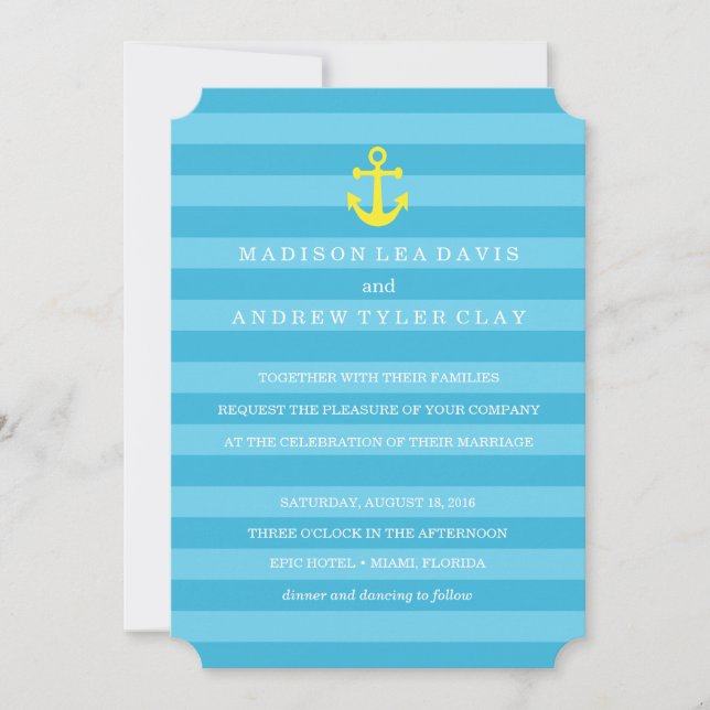 Invitación de casamiento de franjas náuticas azule (Anverso)