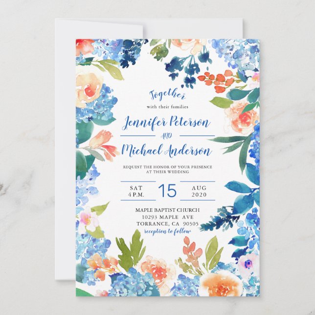 Invitación de casamiento de hidrangea azul acuarel (Anverso)