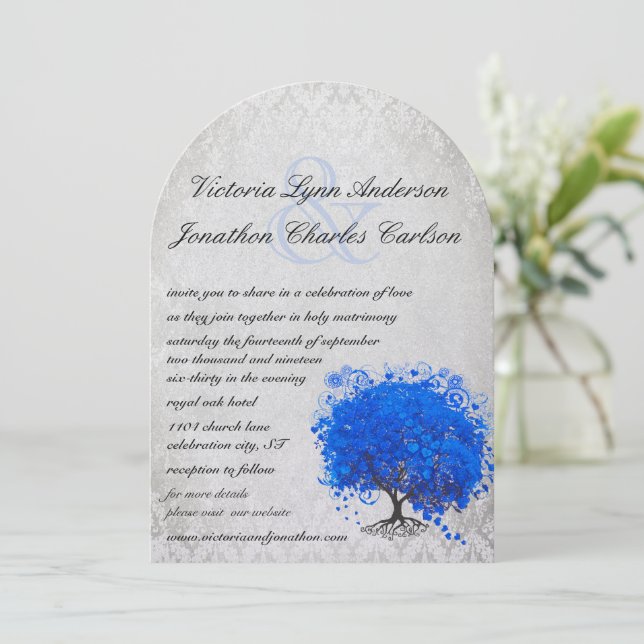 Invitación de casamiento de hojas de corazón azul  (Anverso de pie)